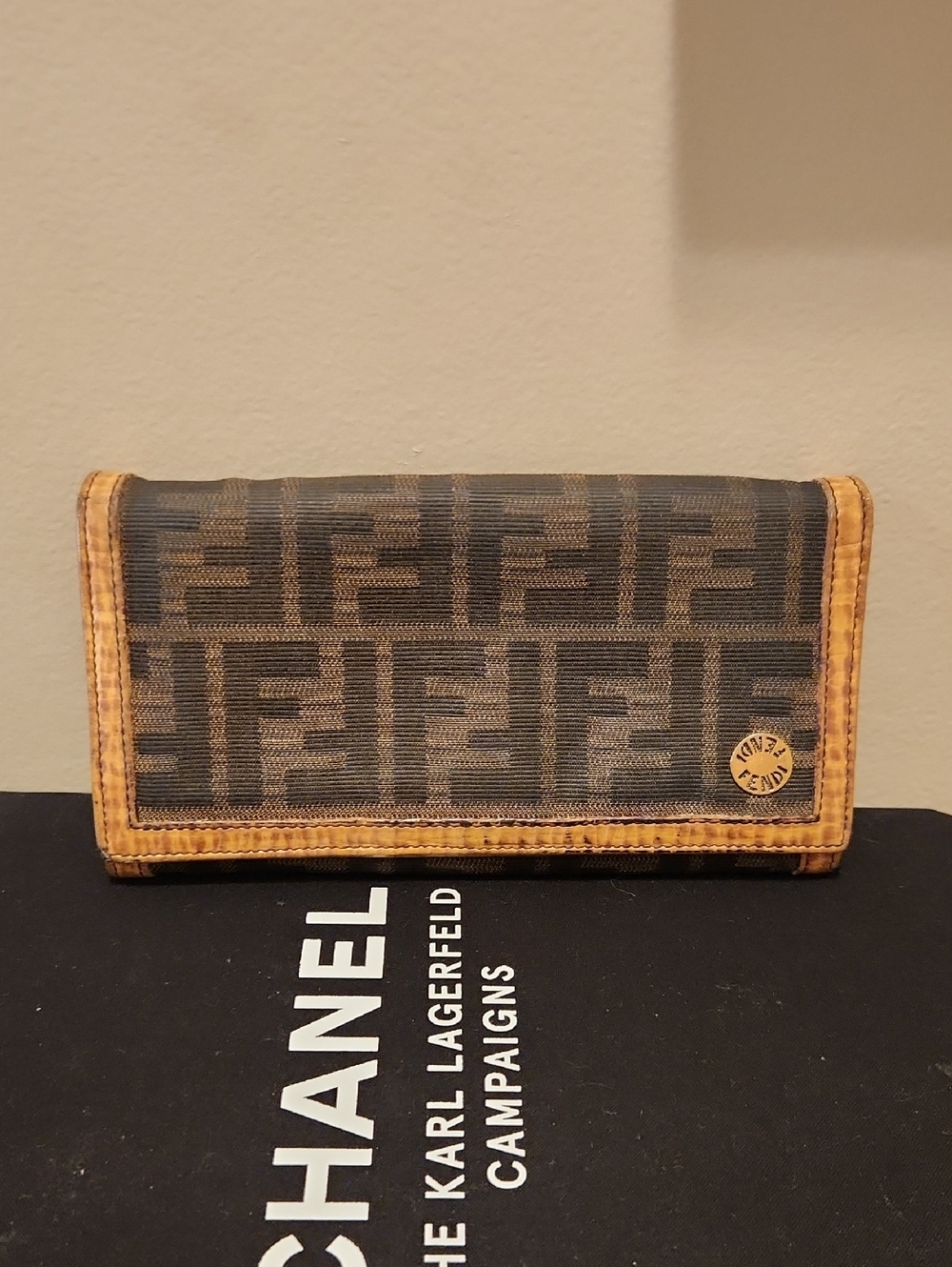 Fendi Brown Zucca Monogram Continental Wallet with Tan Trim